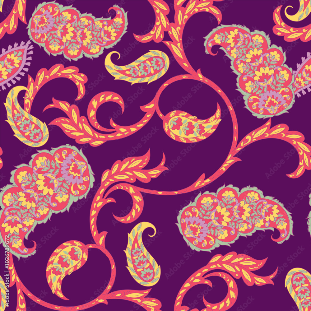 Fototapeta premium Madhubani, kalamkari, kani seamless pattern. Vector Ajrakh Ikat print patola. Background digital printing textile pattern floral allover design