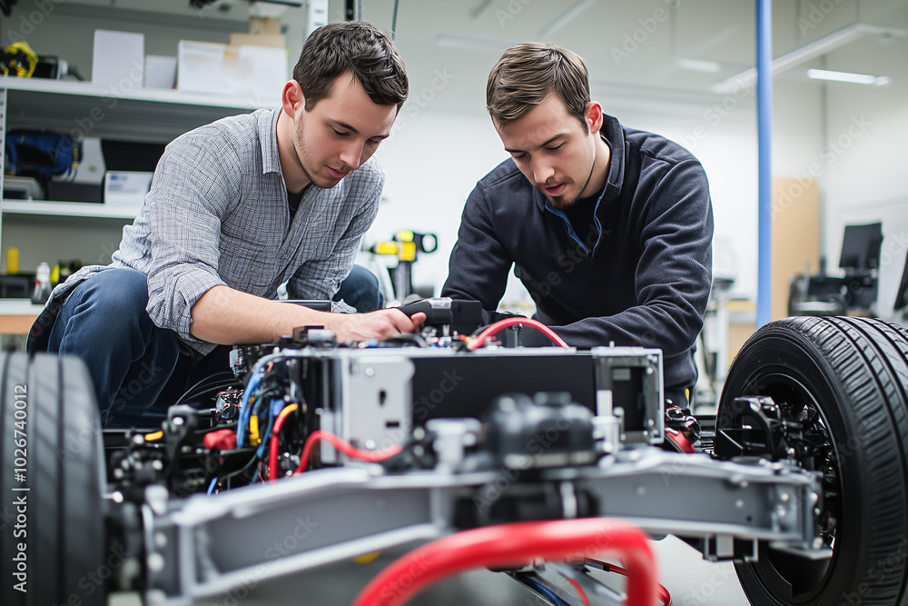 Young engineers examine electric vehicle chassis in modern workshop, showcasing teamwork Young engineers examine electric vehicle chassis in modern workshop, showcasing teamwork