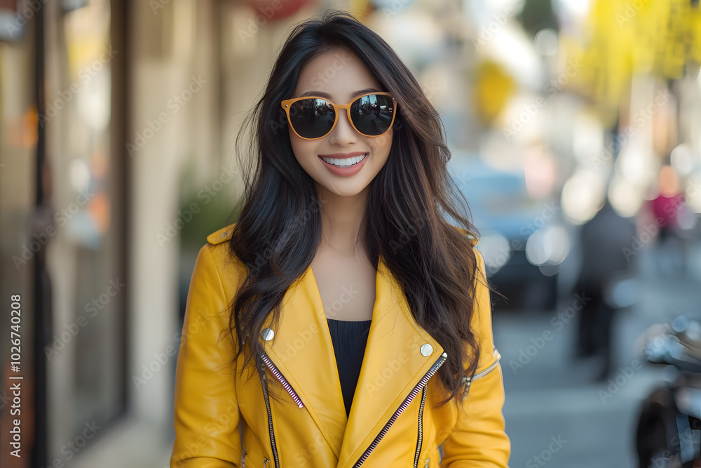 Smiling Woman in Vibrant Yellow Jacket and Sunglasses on a Sunny Urban Street Smiling Woman in Vibrant Yellow Jacket and Sunglasses on a Sunny Urban Street