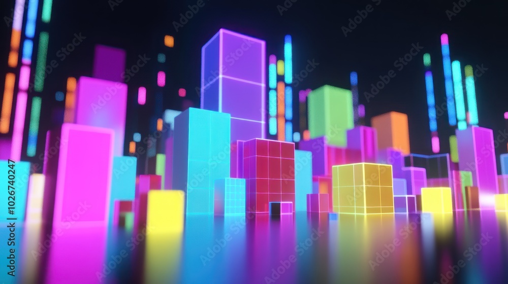 Neon Cityscape with Glowing Geometric Structures Neon Cityscape with Glowing Geometric Structures
