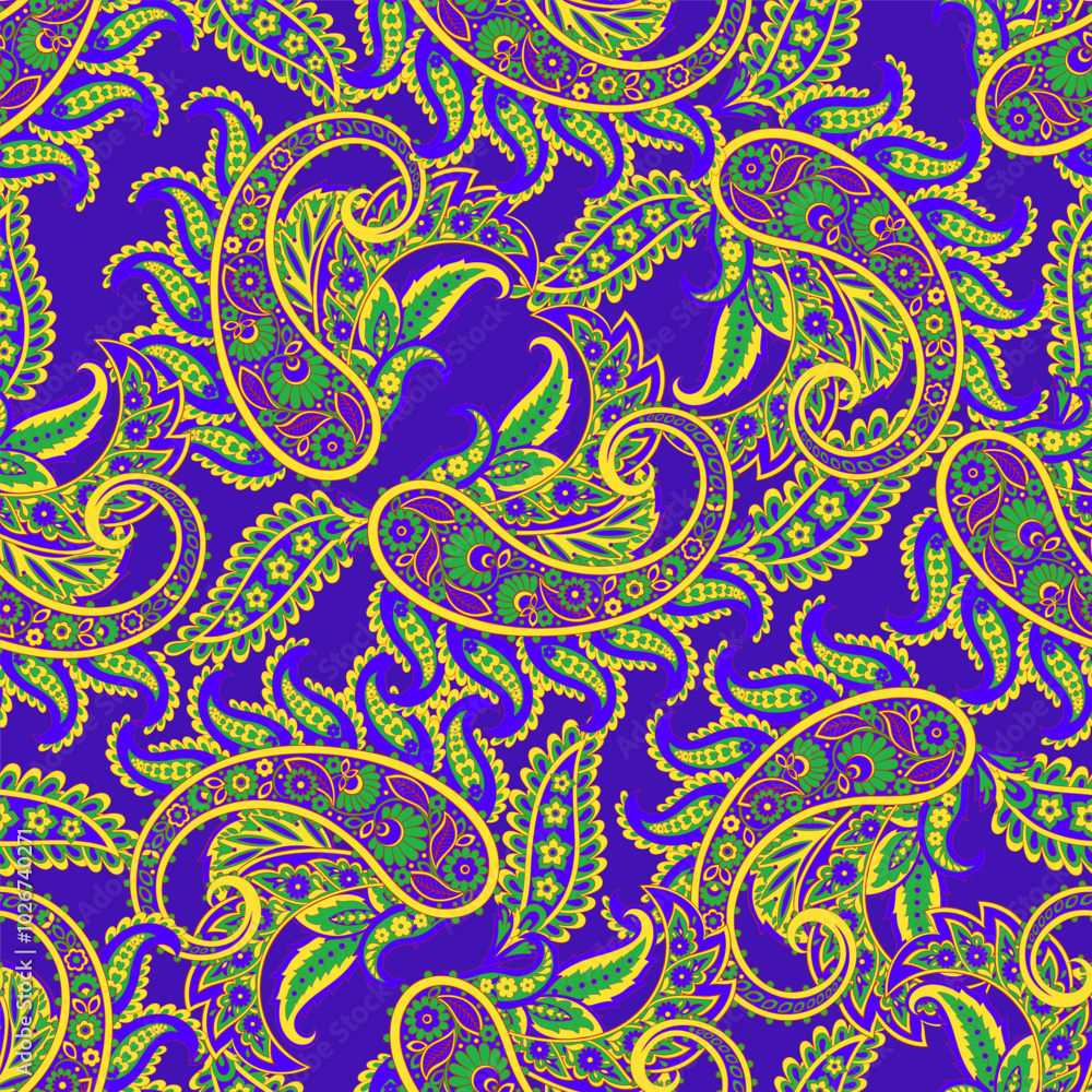 Turkish Cucumber Paisley seamless vector pattern in traditional Oriental style. Decorated with flowers, leaves, and fantasy elements, for fabric, textile and wallpaper covers Turkish Cucumber Paisley seamless vector pattern in traditional Oriental style. Decorated with flowers, leaves, and fantasy elements, for fabric, textile and wallpaper covers