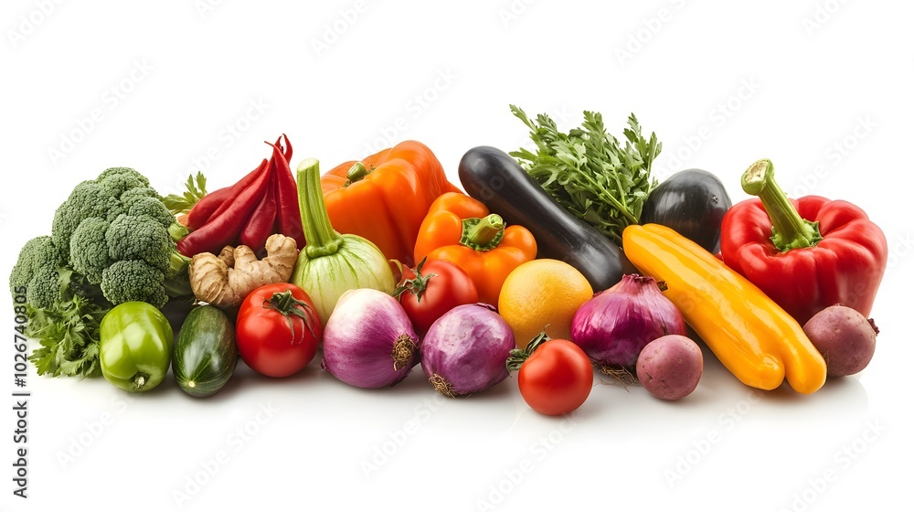 Fresh Vegetables and Fruit Assortment on White Background Fresh Vegetables and Fruit Assortment on White Background