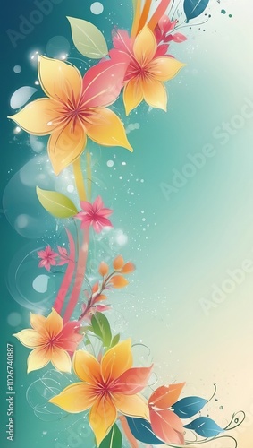 Floral design with soft orange flowers and green leaves on a dark green background, nature-inspired