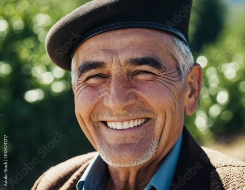 A joyful Tajik man 75 years old wearing traditional clothing stands outdoors with a broad smile against a natural backdrop on a sunny day. A resident of Tajikistan smiles. Generated by AI. photo