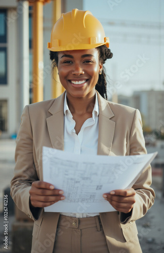 a female architect of color holding blueprints