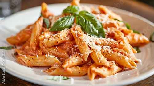 Wallpaper Mural a plate of penne pasta covered in a creamy tomato sauce, garnished with fresh basil leaves and grated Parmesan cheese Torontodigital.ca