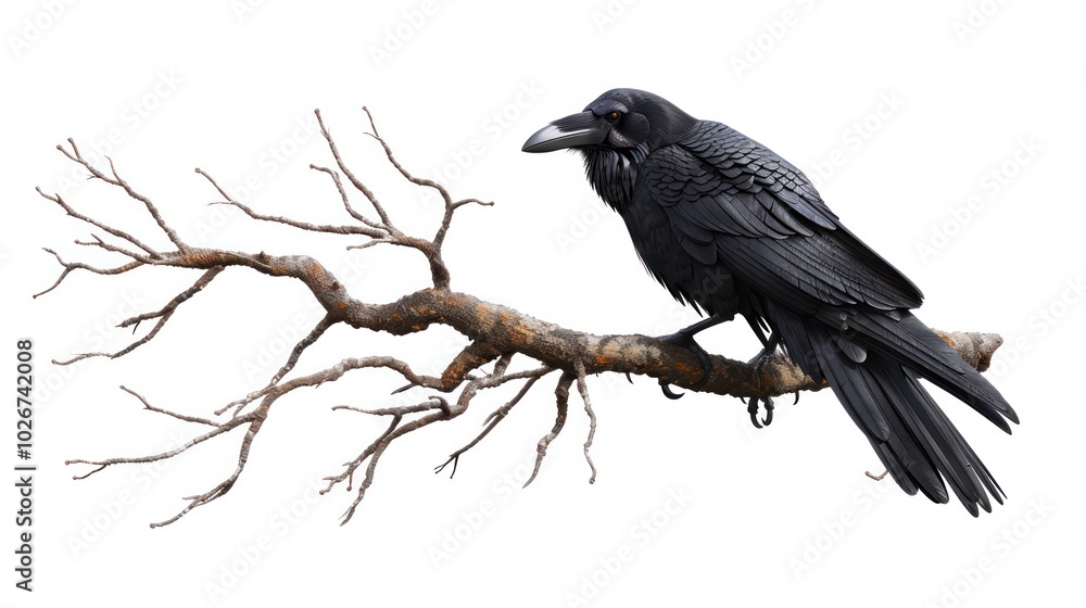 Fototapeta premium Raven Perched on Eerie Tree Branch in Moody Atmospheric Setting Spooky Haunting and Mysterious Dark Bird Silhouette Against Gloomy Grim Background