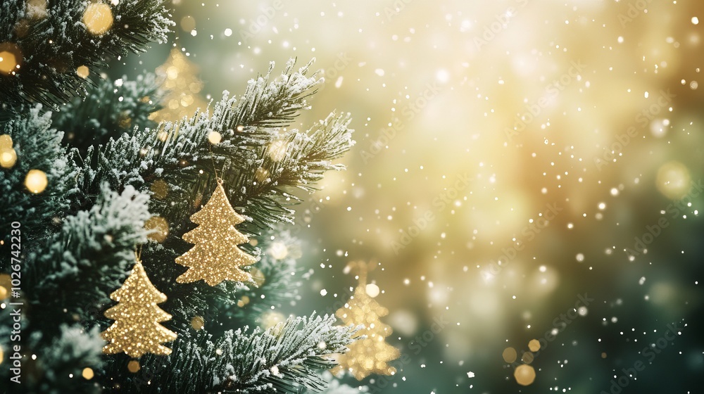Celebrate Christmas and New Year with this festive background featuring a lush pine tree, shimmering snowflakes, and abstract gold Christmas trees. Perfect for greeting cards, banners, and posters. Celebrate Christmas and New Year with this festive background featuring a lush pine tree, shimmering snowflakes, and abstract gold Christmas trees. Perfect for greeting cards, banners, and posters.