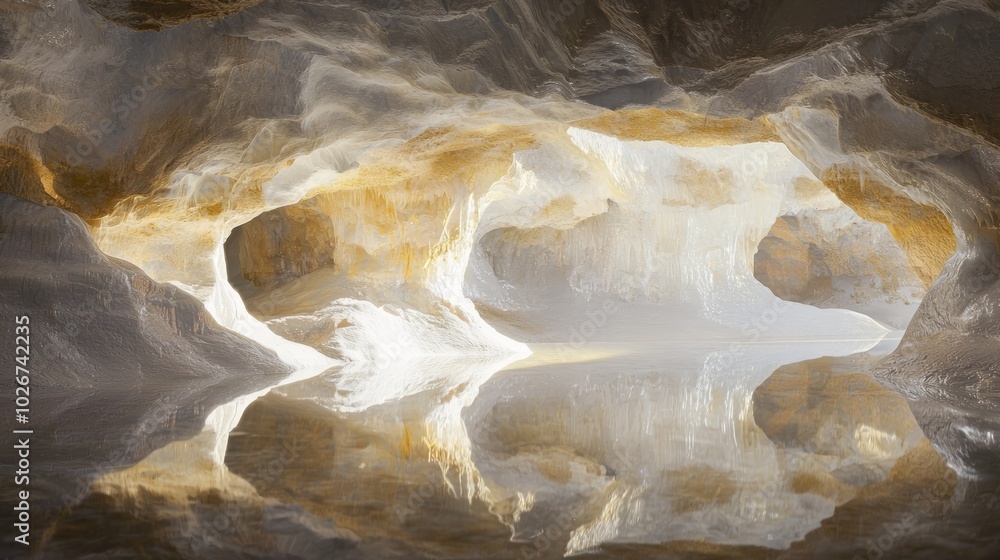Mystical Grotto: Sparkling Crystals in Hidden Cave with Subterranean Lake and Enchanting Ambiance Mystical Grotto: Sparkling Crystals in Hidden Cave with Subterranean Lake and Enchanting Ambiance