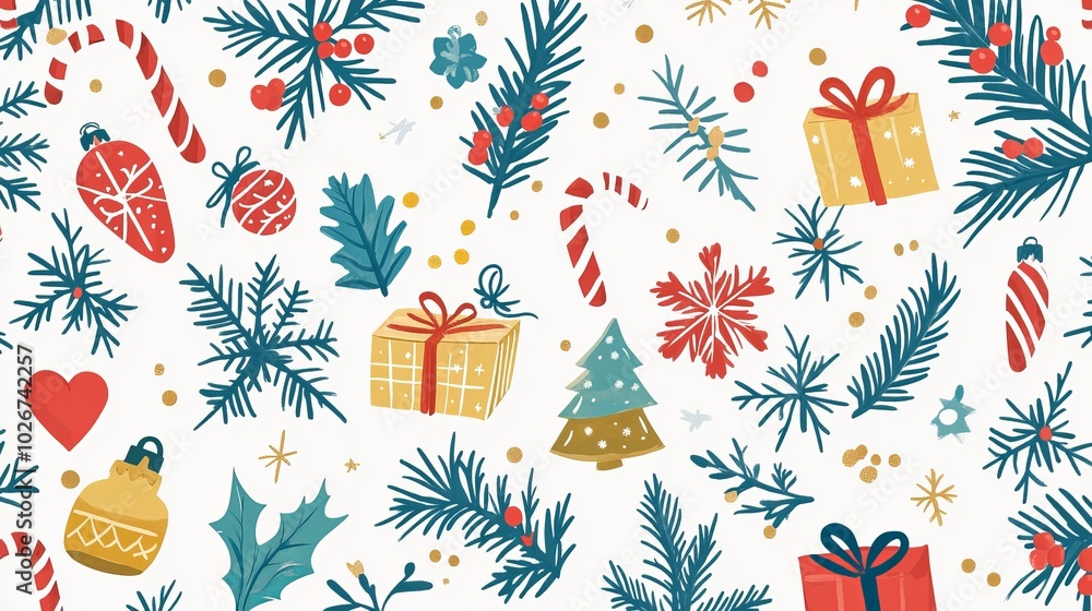 Celebrate the holidays with this cheerful Christmas pattern. Perfect for wrapping gifts, decorating cards, or creating festive fabrics, this seamless design features a variety of Christmas elements. Celebrate the holidays with this cheerful Christmas pattern. Perfect for wrapping gifts, decorating cards, or creating festive fabrics, this seamless design features a variety of Christmas elements.
