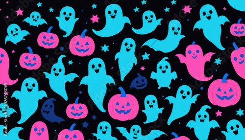 Colorful Halloween Background with Ghosts and Pumpkins