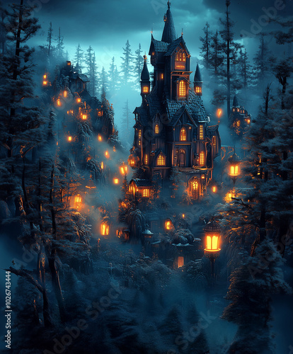 A detailed dark fantasy landscape featuring a mystical castle illuminated in a dense forest at twilight