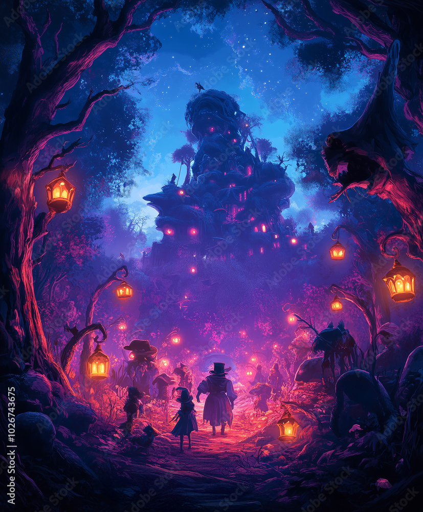 Obraz premium Magical forest path illuminated by lanterns leads to an enchanted hilltop village during twilight hours