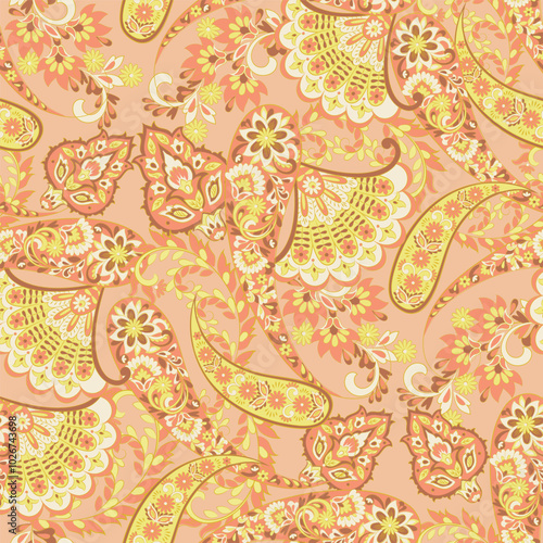 Paisley vector seamless design featuring stunning flowers and leaves in a batik-inspired style. Vintage backdrop