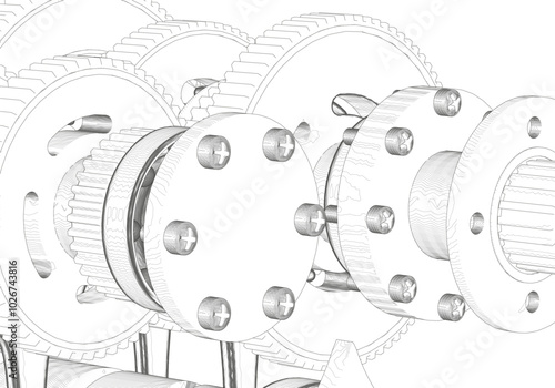 Gears and other parts on a white background.