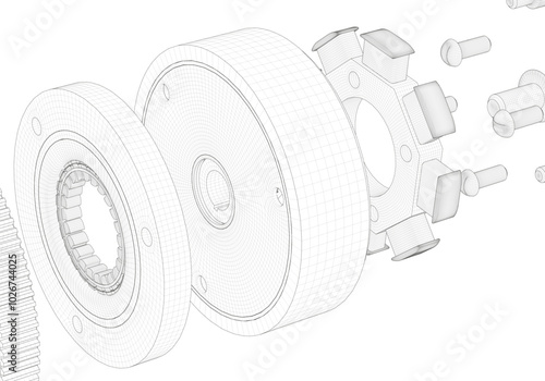 Rotor, stator and other parts on a white background.