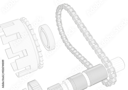 Chain, shaft and other parts on a white background.