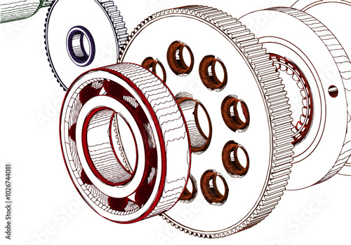 Gears and other parts on a white background.