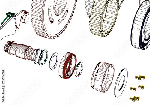 Gears and other parts on a white background.