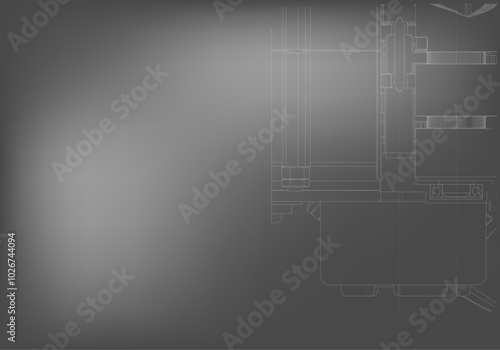 Mechanical engineering drawings on a gray background.
