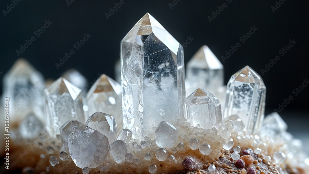sample of group of clear quartz crystal, close-up. A cluster of crystals with a black background sample of group of clear quartz crystal, close-up. A cluster of crystals with a black background