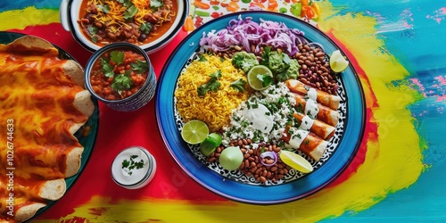 a colorful table with plates of food and drinks