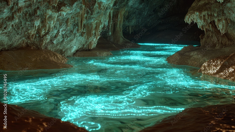 Enchanting Hidden Caves: Serene Underground Lake with Bioluminescent Algae Reflecting Colors on Polished Rocks Enchanting Hidden Caves: Serene Underground Lake with Bioluminescent Algae Reflecting Colors on Polished Rocks
