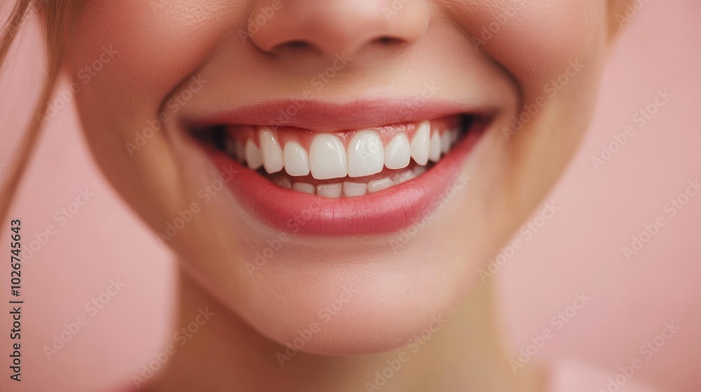 Close-up of a woman's smile with bright white teeth and pink lips. Close-up of a woman's smile with bright white teeth and pink lips.