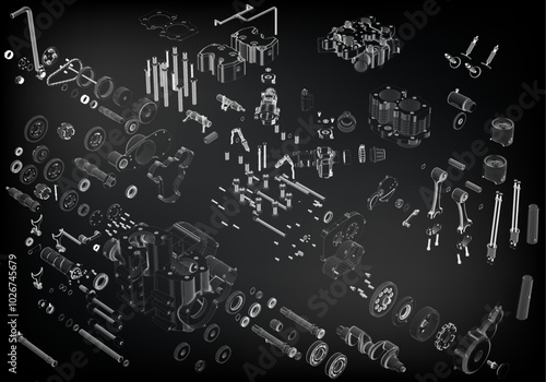 Disassembled motorcycle engine on black background.
