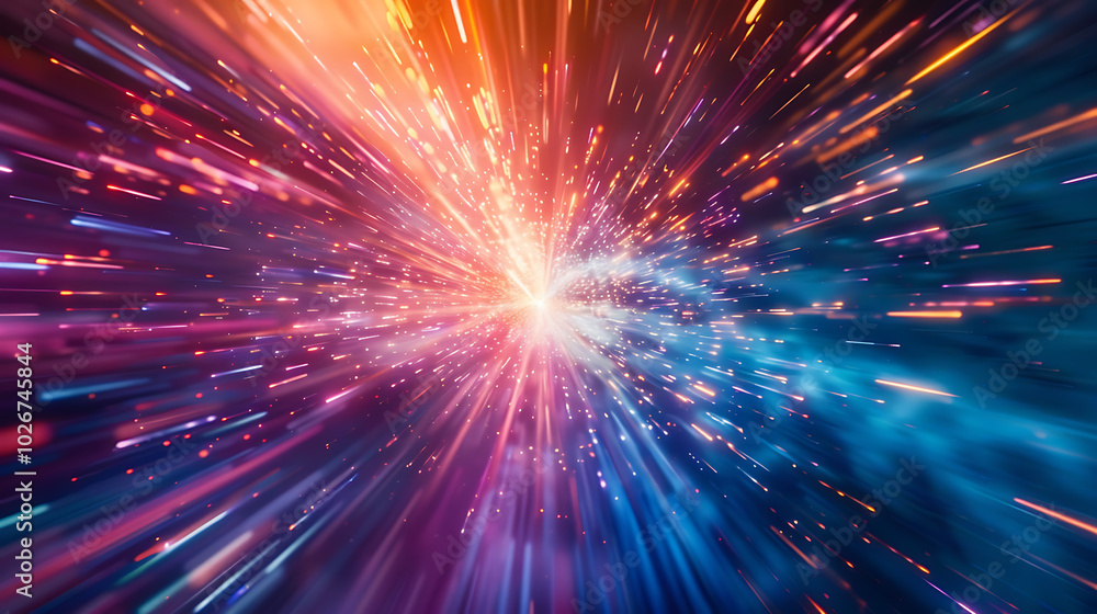 a dynamic and colorful display of light beams radiating from a central point. The beams are in various colors, including shades of blue, pink, purple, and orange a dynamic and colorful display of light beams radiating from a central point. The beams are in various colors, including shades of blue, pink, purple, and orange