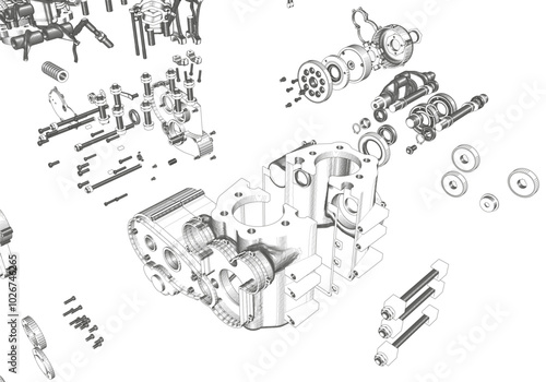 Disassembled engine on white background.