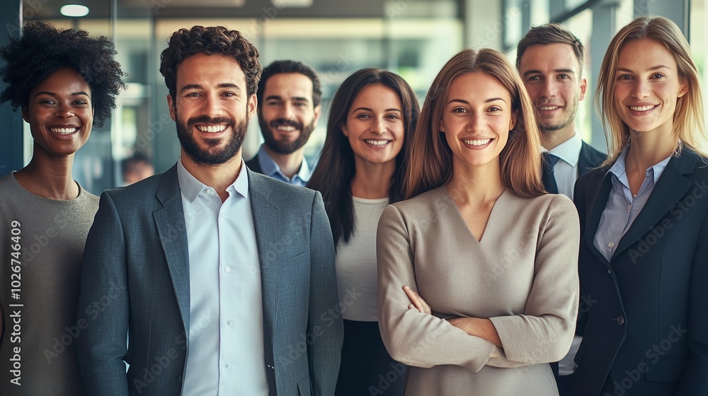Diverse group of business professionals standing together, smiling in a modern office. Friendly, inclusive workplace culture and teamwork concept. Diverse group of business professionals standing together, smiling in a modern office. Friendly, inclusive workplace culture and teamwork concept.