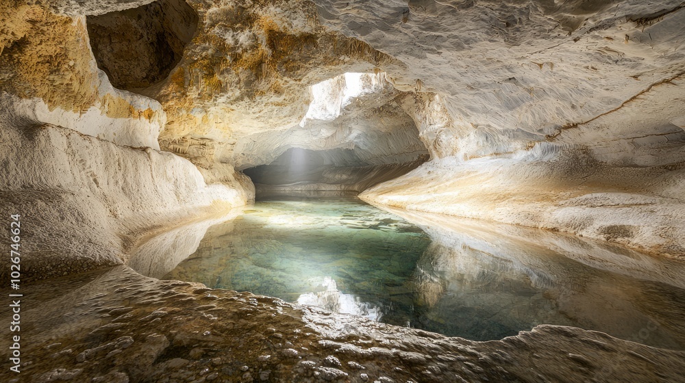 Naklejka premium Mystical Hidden Caves: Tranquil Underground Oasis with Mineral Formations and Pond