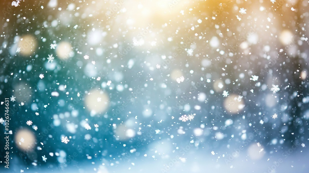 Obraz premium Snow falls gently in this wallpaper. The sky is a mix of white, teal, and blue. Many snowflakes float in the air. This peaceful scene shows the beauty of winter.