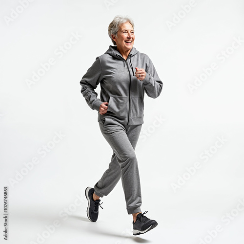 happy person an older woman running in a gray shirt 