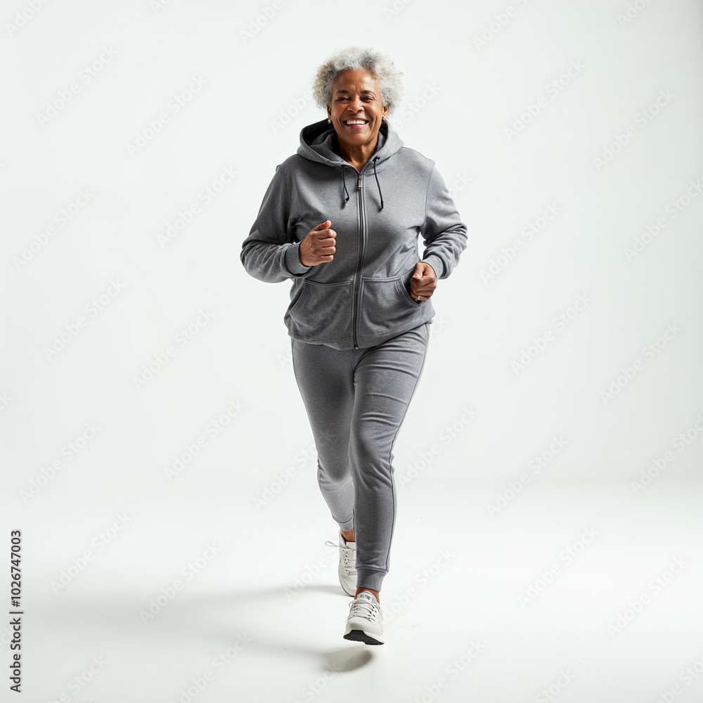 a woman running in a gray sweatshirt with a hoodie on a woman running in a gray sweatshirt with a hoodie on