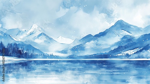 Wallpaper Mural Serene winter watercolor scene with mountains, lake and snow. Blue-toned landscape with soft brushstrokes. Perfect as a background for winter-themed designs. Torontodigital.ca