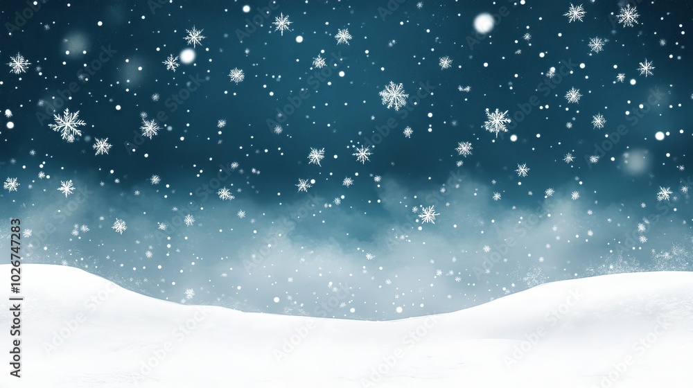Snowy landscape with dark blue sky and falling snowflakes. White and teal blue color scheme. Snowy landscape with dark blue sky and falling snowflakes. White and teal blue color scheme.