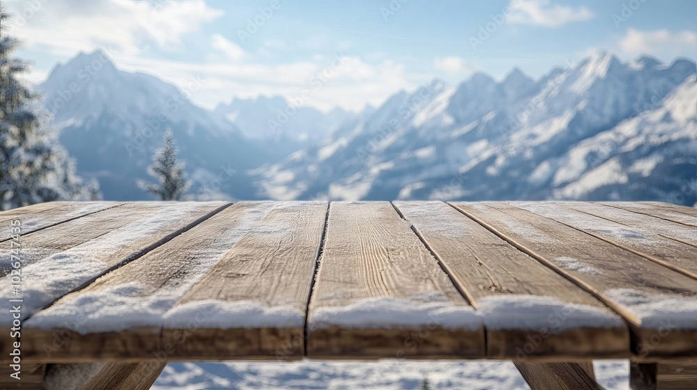 Snow-covered wooden table in nature. Space for you to add your own decorations. Snowy mountains create a magical Christmas atmosphere. Natural light illuminates the rural scene. Snow-covered wooden table in nature. Space for you to add your own decorations. Snowy mountains create a magical Christmas atmosphere. Natural light illuminates the rural scene.