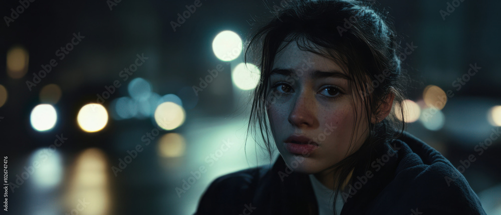 The person looks tired and uncertain, standing alone on street at night. The person looks tired and uncertain, standing alone on street at night.
