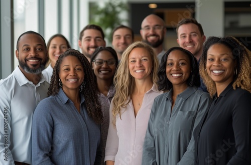 Diverse group of business professionals standing together, smiling in a modern office. Friendly, inclusive workplace culture and teamwork concept.