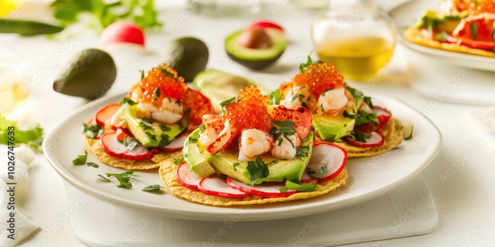 a plate of food with shrimp and avocas a plate of food with shrimp and avocas