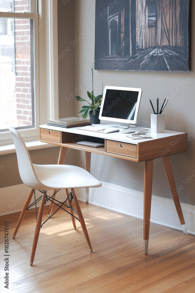 Modern home office with wooden desk, white chair, and computer in a bright minimalist room Modern home office with wooden desk, white chair, and computer in a bright minimalist room