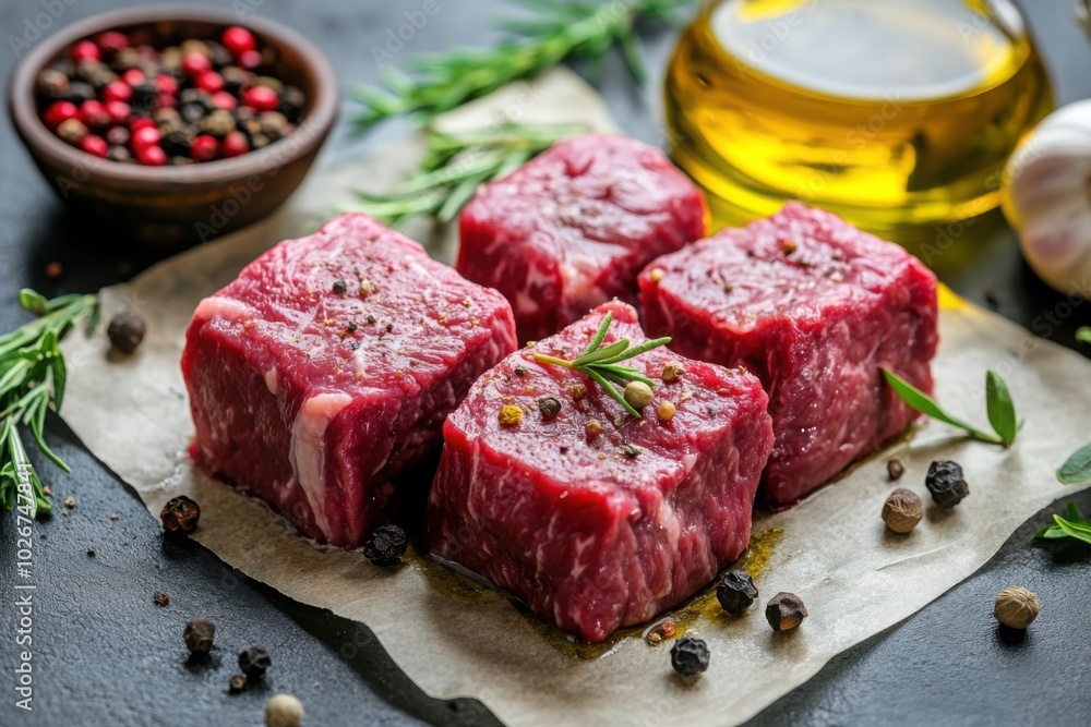Raw beef cubes with herbs and pepper Raw beef cubes with herbs and pepper