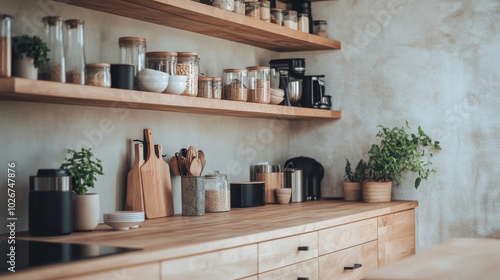 A modern kitchen with open wooden drawers, showcasing organized kitchen accessories. The minimalist design offers a stylish and practical solution for kitchen storage. photo