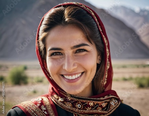 A Tajik woman 30 years old stands gracefully, showcasing her traditional attire against a breathtaking backdrop of mountains and lush green fields, reflecting her cultural roots. Generated by AI photo