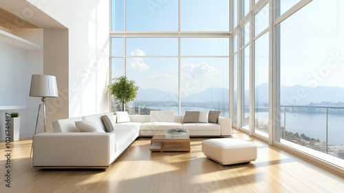 A modern living room with simple furniture that looks good and works well. This design was created using a computer program.