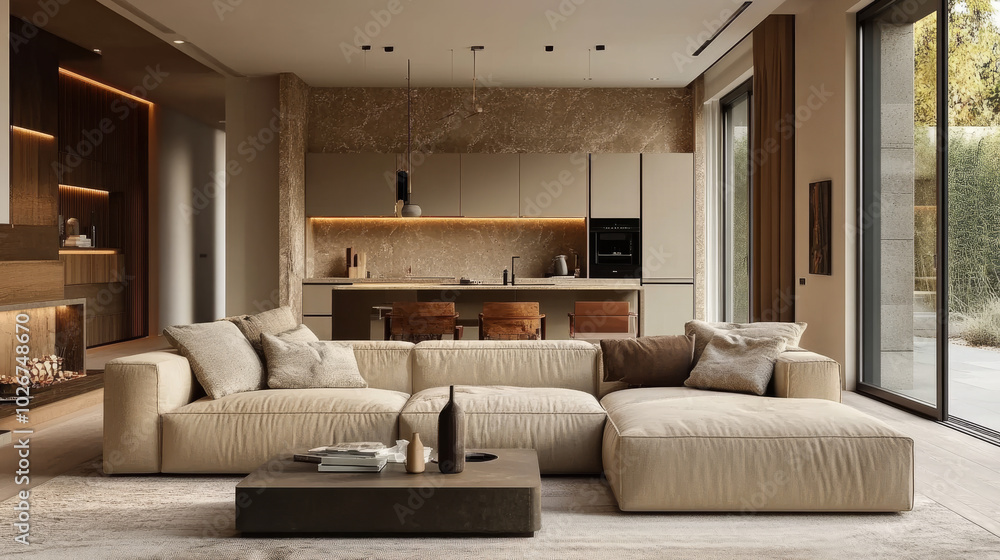A modern living room with a large beige sofa and an open kitchen. It has a stylish and elegant design. A modern living room with a large beige sofa and an open kitchen. It has a stylish and elegant design.
