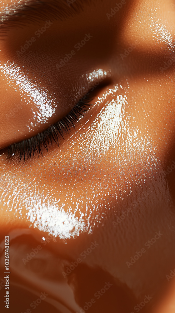 Fototapeta premium A close-up of healthy skin with visible hydration, light reflecting off the surface, highlighting its texture