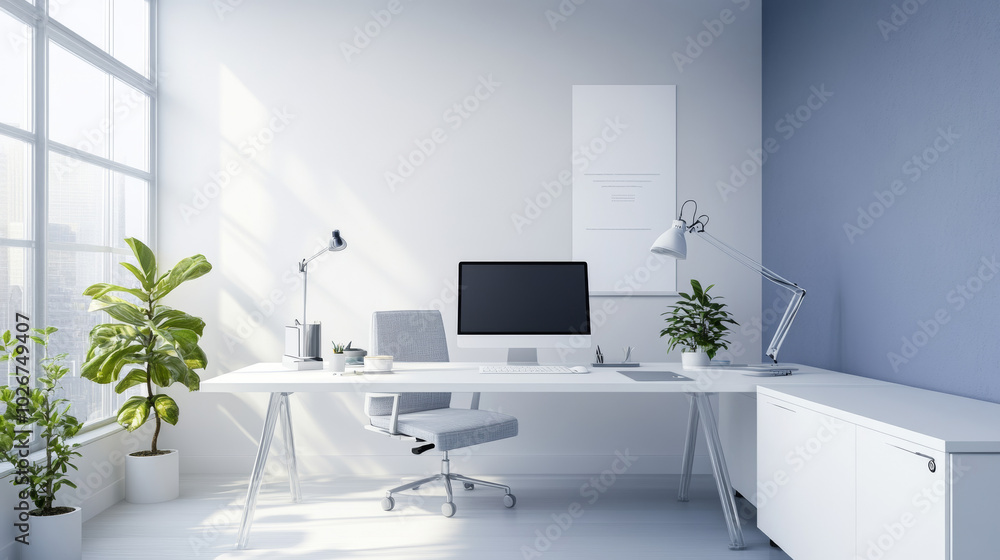 A modern, white and blue office with a minimalist design. It's a corner office, perfect for working from home. A modern, white and blue office with a minimalist design. It's a corner office, perfect for working from home.